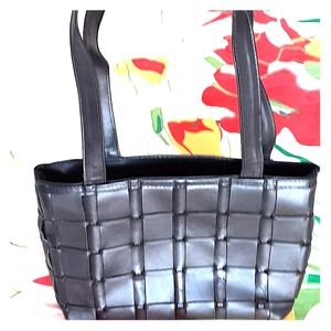 Woven Leather Black Double Handle Bag